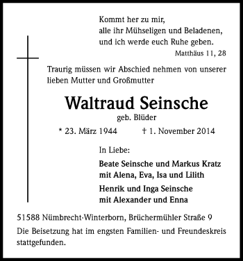 Anzeige von Waltraud Seinsche von Kölner Stadt-Anzeiger / Kölnische Rundschau / Express