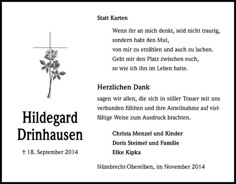  Traueranzeige für Hildegard Drinhausen vom 08.11.2014 aus Kölner Stadt-Anzeiger / Kölnische Rundschau / Express
