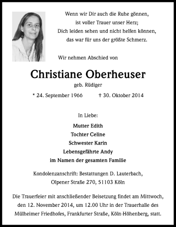 Anzeige von Christiane Oberheuser von Kölner Stadt-Anzeiger / Kölnische Rundschau / Express