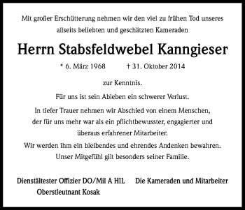 Anzeige von Stabsfeldwebel Kanngieser von Kölner Stadt-Anzeiger / Kölnische Rundschau / Express