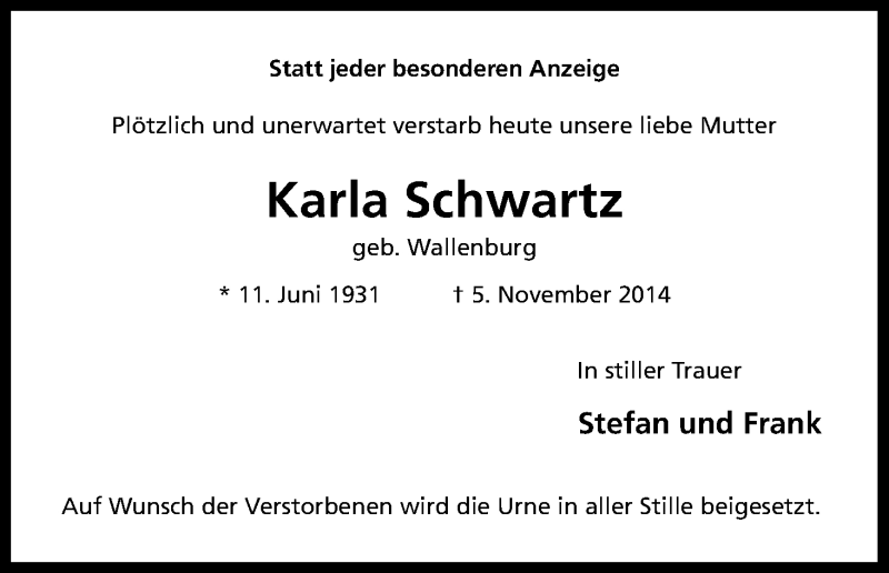  Traueranzeige für Karla Schwartz vom 08.11.2014 aus Kölner Stadt-Anzeiger / Kölnische Rundschau / Express