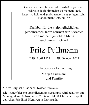 Anzeige von Fritz Pullmann von Kölner Stadt-Anzeiger / Kölnische Rundschau / Express