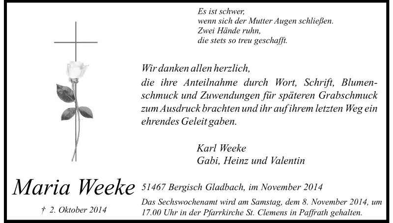  Traueranzeige für Maria Weeke vom 08.11.2014 aus Kölner Stadt-Anzeiger / Kölnische Rundschau / Express