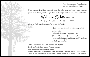 Anzeige von Wilhelm Schürmann von Kölner Stadt-Anzeiger / Kölnische Rundschau / Express