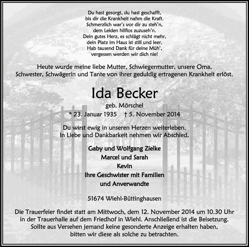  Traueranzeige für Ida Becker vom 08.11.2014 aus Kölner Stadt-Anzeiger / Kölnische Rundschau / Express