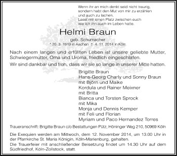 Anzeige von Helmi Braun von Kölner Stadt-Anzeiger / Kölnische Rundschau / Express