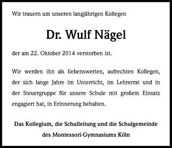 Anzeige von Wulf Nägel von Kölner Stadt-Anzeiger / Kölnische Rundschau / Express