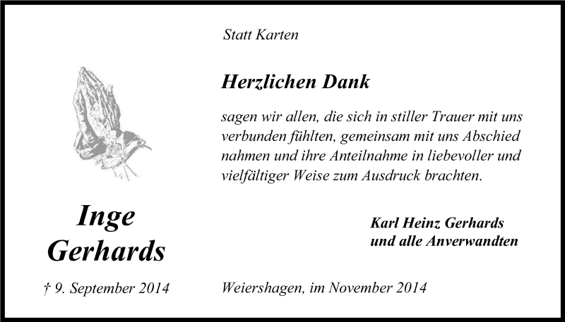  Traueranzeige für Inge Gerhards vom 08.11.2014 aus Kölner Stadt-Anzeiger / Kölnische Rundschau / Express