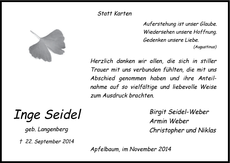  Traueranzeige für Inge Seidel vom 08.11.2014 aus Kölner Stadt-Anzeiger / Kölnische Rundschau / Express