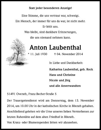 Anzeige von Anton Laubenthal von Kölner Stadt-Anzeiger / Kölnische Rundschau / Express