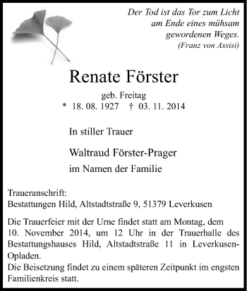 Anzeige von Renate Förster von Kölner Stadt-Anzeiger / Kölnische Rundschau / Express
