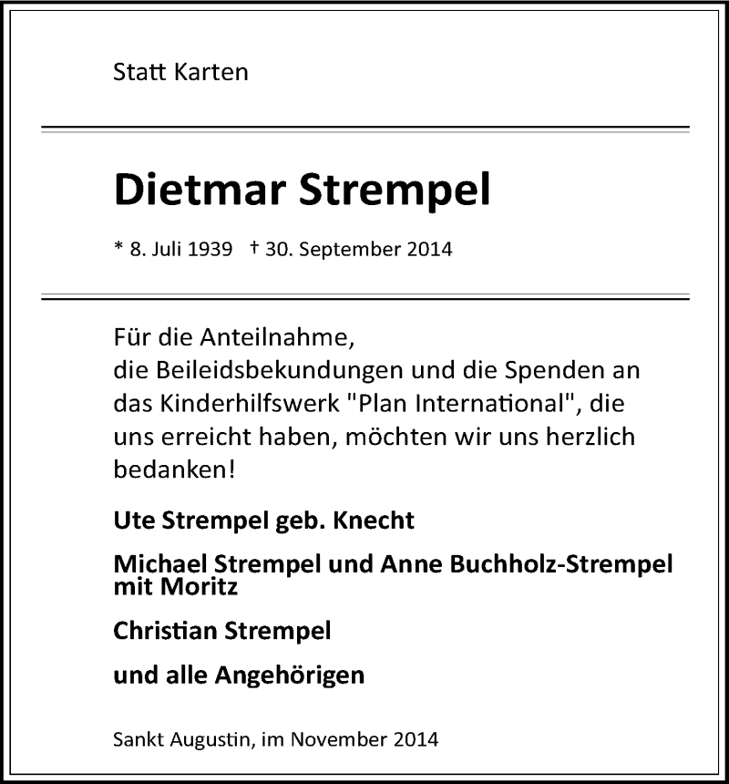  Traueranzeige für Dietmar Strempel vom 08.11.2014 aus Kölner Stadt-Anzeiger / Kölnische Rundschau / Express