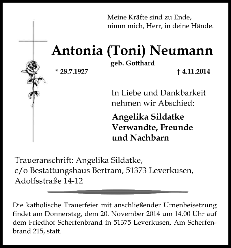  Traueranzeige für Antonia Neumann vom 15.11.2014 aus Kölner Stadt-Anzeiger / Kölnische Rundschau / Express