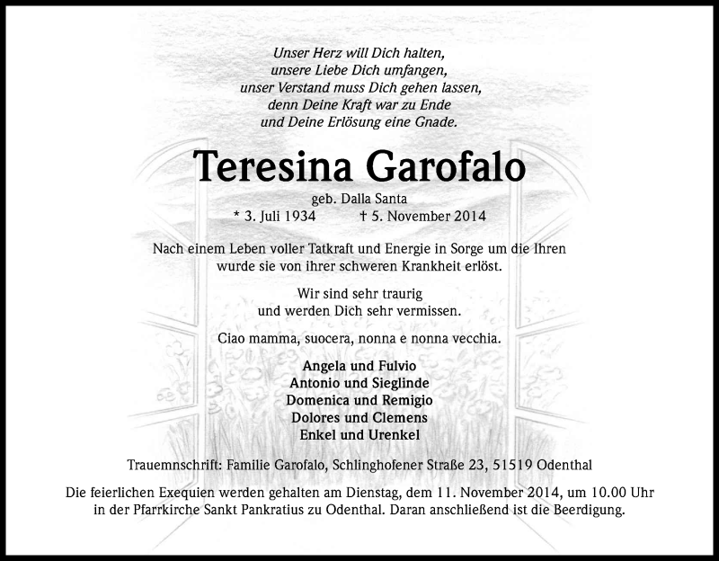  Traueranzeige für Teresina Garofalo vom 08.11.2014 aus Kölner Stadt-Anzeiger / Kölnische Rundschau / Express