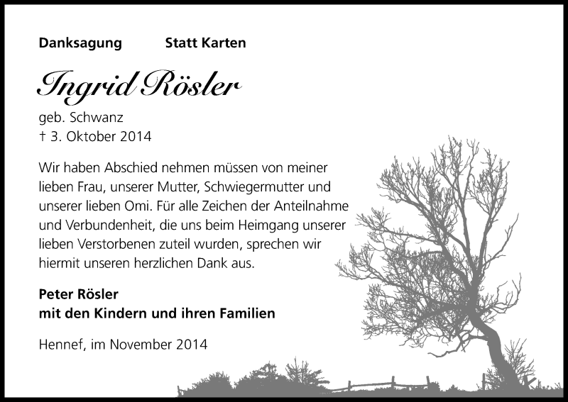  Traueranzeige für Ingrid Rösler vom 08.11.2014 aus Kölner Stadt-Anzeiger / Kölnische Rundschau / Express