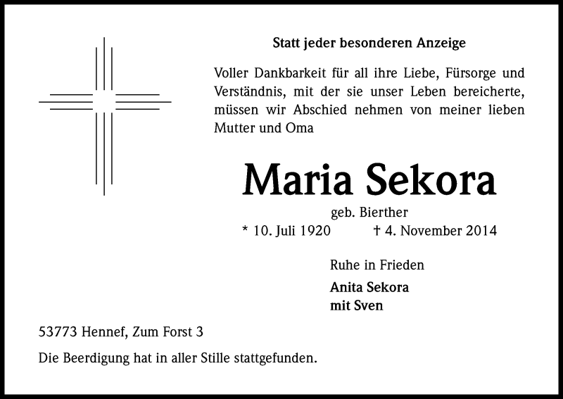  Traueranzeige für Maria Sekora vom 08.11.2014 aus Kölner Stadt-Anzeiger / Kölnische Rundschau / Express