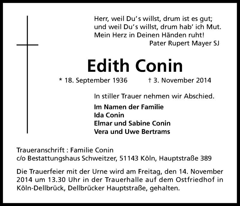  Traueranzeige für Edith Conin vom 08.11.2014 aus Kölner Stadt-Anzeiger / Kölnische Rundschau / Express