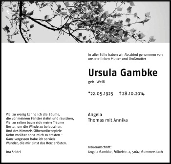 Anzeige von Ursula Gambke von Kölner Stadt-Anzeiger / Kölnische Rundschau / Express