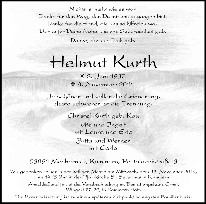  Traueranzeige für Helmut Kurth vom 08.11.2014 aus Kölner Stadt-Anzeiger / Kölnische Rundschau / Express