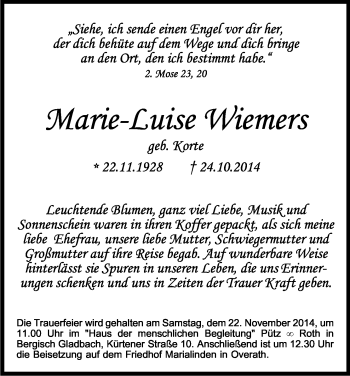 Anzeige von Marie-Luise Wiemers von Kölner Stadt-Anzeiger / Kölnische Rundschau / Express
