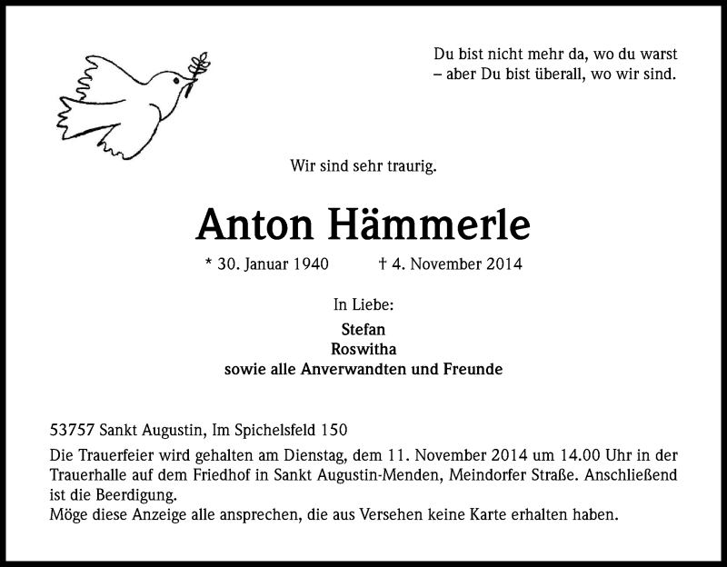  Traueranzeige für Anton Hämmerle vom 08.11.2014 aus Kölner Stadt-Anzeiger / Kölnische Rundschau / Express