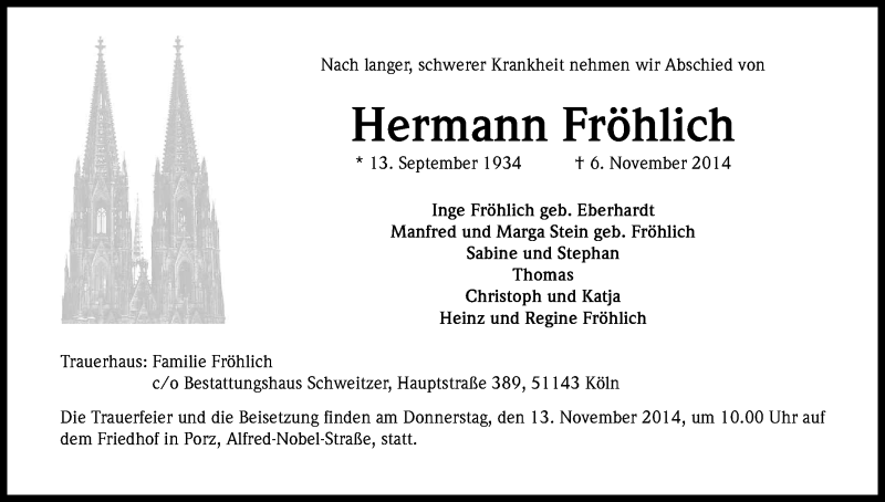  Traueranzeige für Hermann Fröhlich vom 08.11.2014 aus Kölner Stadt-Anzeiger / Kölnische Rundschau / Express