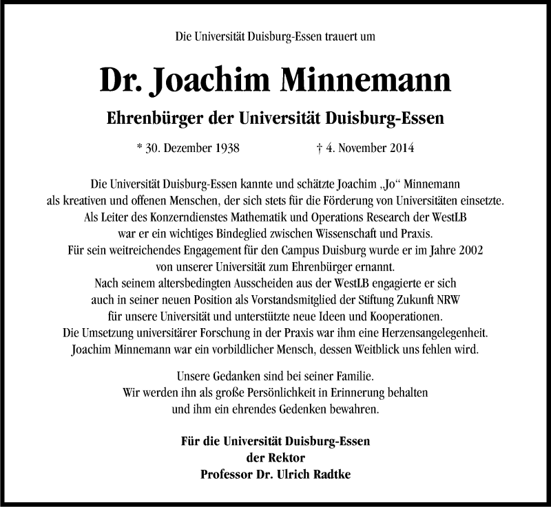  Traueranzeige für Joachim Minnemann vom 08.11.2014 aus Kölner Stadt-Anzeiger / Kölnische Rundschau / Express