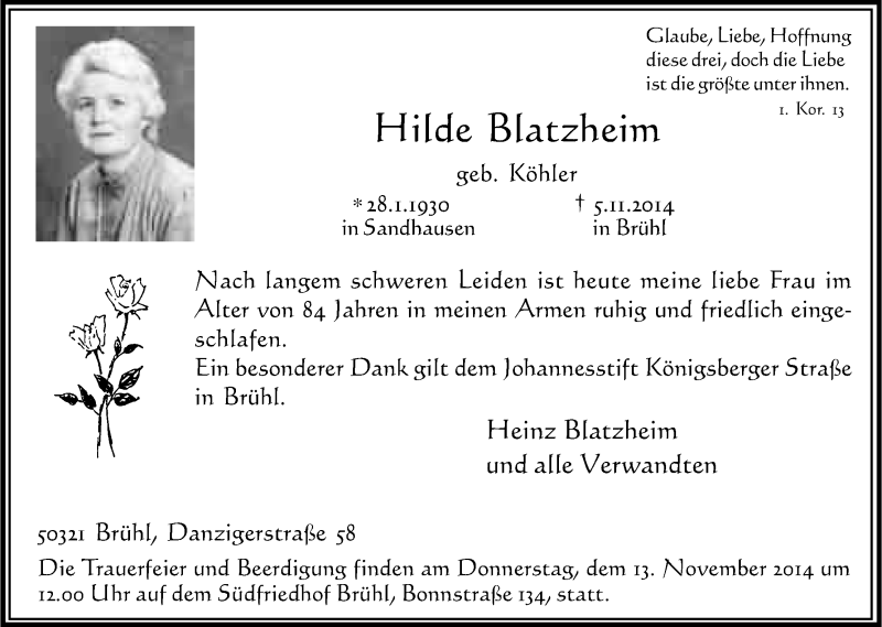  Traueranzeige für Hilde Blatzheim vom 08.11.2014 aus Kölner Stadt-Anzeiger / Kölnische Rundschau / Express