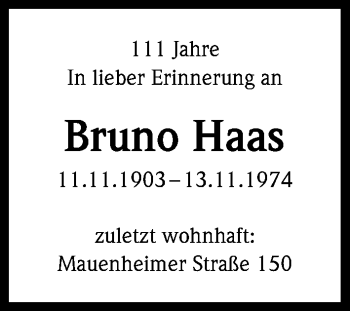 Anzeige von Bruno Haas von Kölner Stadt-Anzeiger / Kölnische Rundschau / Express