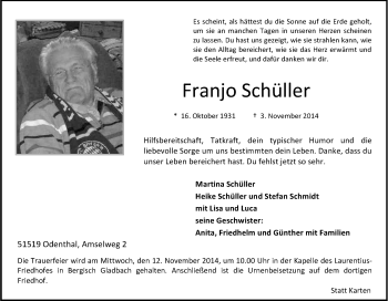 Anzeige von Franjo Schüller von Kölner Stadt-Anzeiger / Kölnische Rundschau / Express