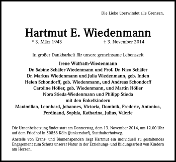 Anzeige von Hartmut E Wiedenmann von Kölner Stadt-Anzeiger / Kölnische Rundschau / Express