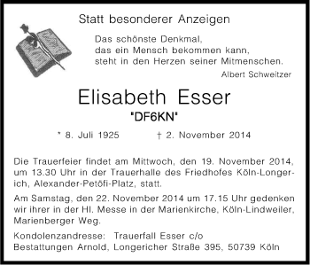 Anzeige von Elisabeth Esser von Kölner Stadt-Anzeiger / Kölnische Rundschau / Express