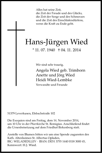 Anzeige von Hans-Jürgen Wied von Kölner Stadt-Anzeiger / Kölnische Rundschau / Express