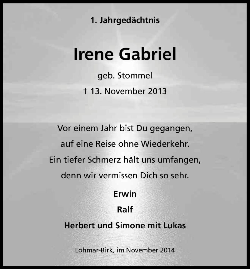  Traueranzeige für Irene Gabriel vom 15.11.2014 aus Kölner Stadt-Anzeiger / Kölnische Rundschau / Express