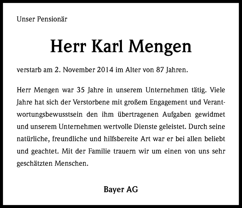  Traueranzeige für Karl Mengen vom 08.11.2014 aus Kölner Stadt-Anzeiger / Kölnische Rundschau / Express