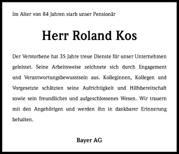 Anzeige von Roland Kos von Kölner Stadt-Anzeiger / Kölnische Rundschau / Express