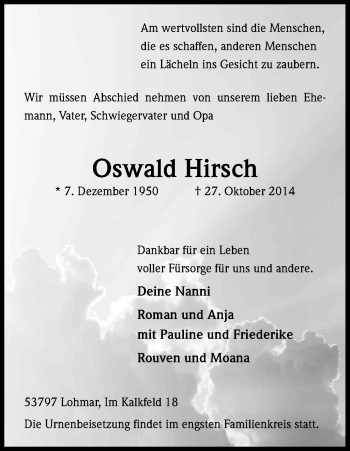 Anzeige von Oswald Hirsch von Kölner Stadt-Anzeiger / Kölnische Rundschau / Express