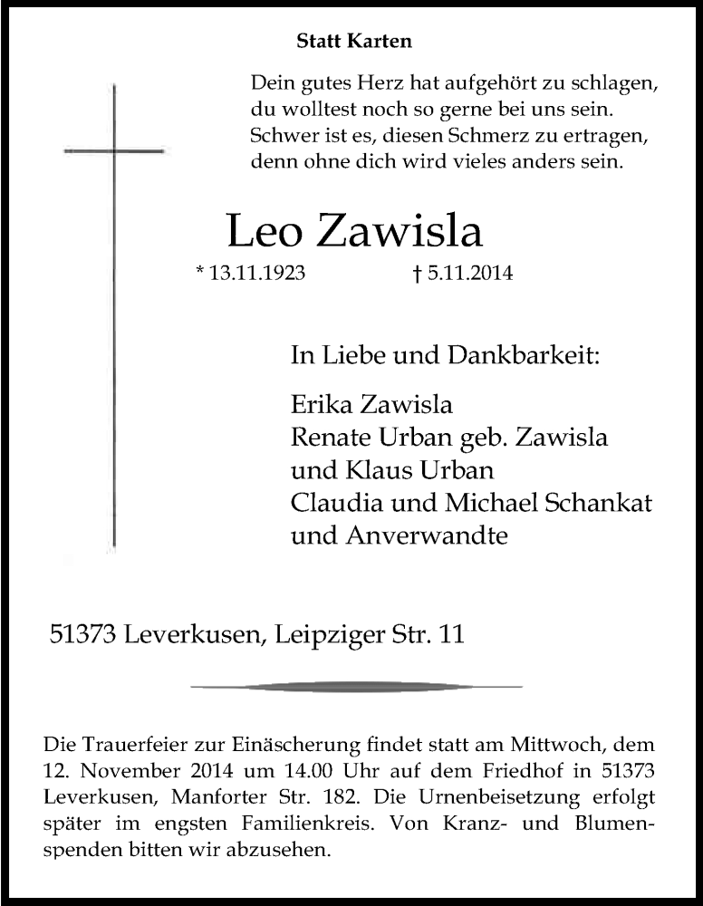  Traueranzeige für Leo Zawisla vom 08.11.2014 aus Kölner Stadt-Anzeiger / Kölnische Rundschau / Express