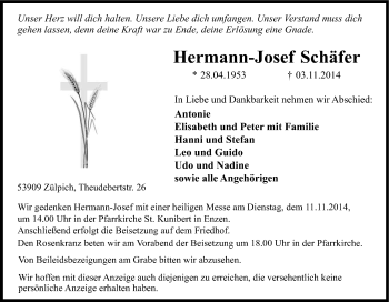Anzeige von Hermann-Josef Schäfer von Kölner Stadt-Anzeiger / Kölnische Rundschau / Express