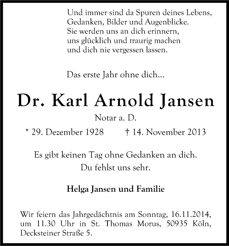  Traueranzeige für Karl Arnold Jansen vom 14.11.2014 aus Kölner Stadt-Anzeiger / Kölnische Rundschau / Express