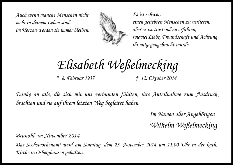  Traueranzeige für Elisabeth Weßelmecking vom 08.11.2014 aus Kölner Stadt-Anzeiger / Kölnische Rundschau / Express