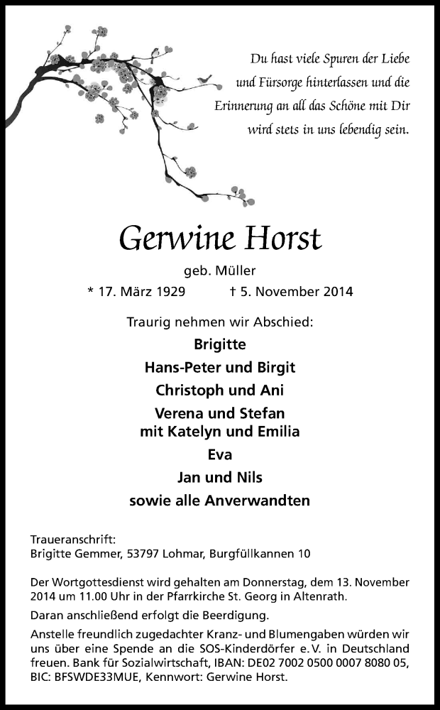  Traueranzeige für Gerwine Horst vom 08.11.2014 aus Kölner Stadt-Anzeiger / Kölnische Rundschau / Express