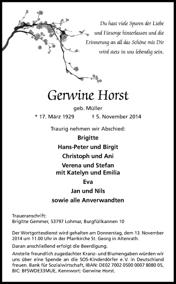 Anzeige von Gerwine Horst von Kölner Stadt-Anzeiger / Kölnische Rundschau / Express