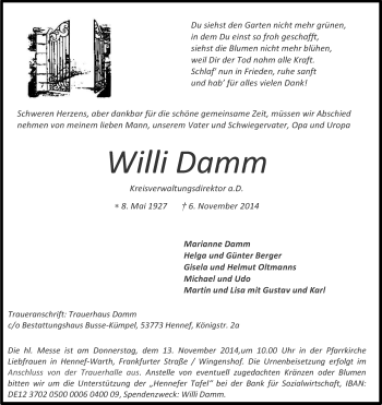 Anzeige von Willi Damm von Kölner Stadt-Anzeiger / Kölnische Rundschau / Express