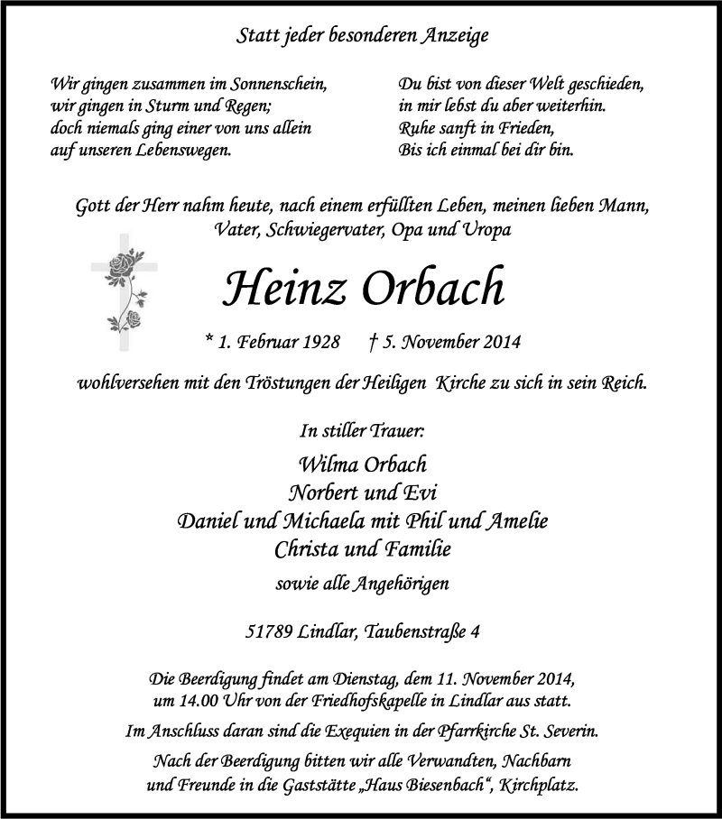  Traueranzeige für Heinz Orbach vom 08.11.2014 aus Kölner Stadt-Anzeiger / Kölnische Rundschau / Express