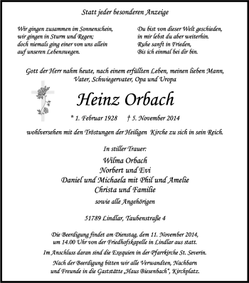 Anzeige von Heinz Orbach von Kölner Stadt-Anzeiger / Kölnische Rundschau / Express