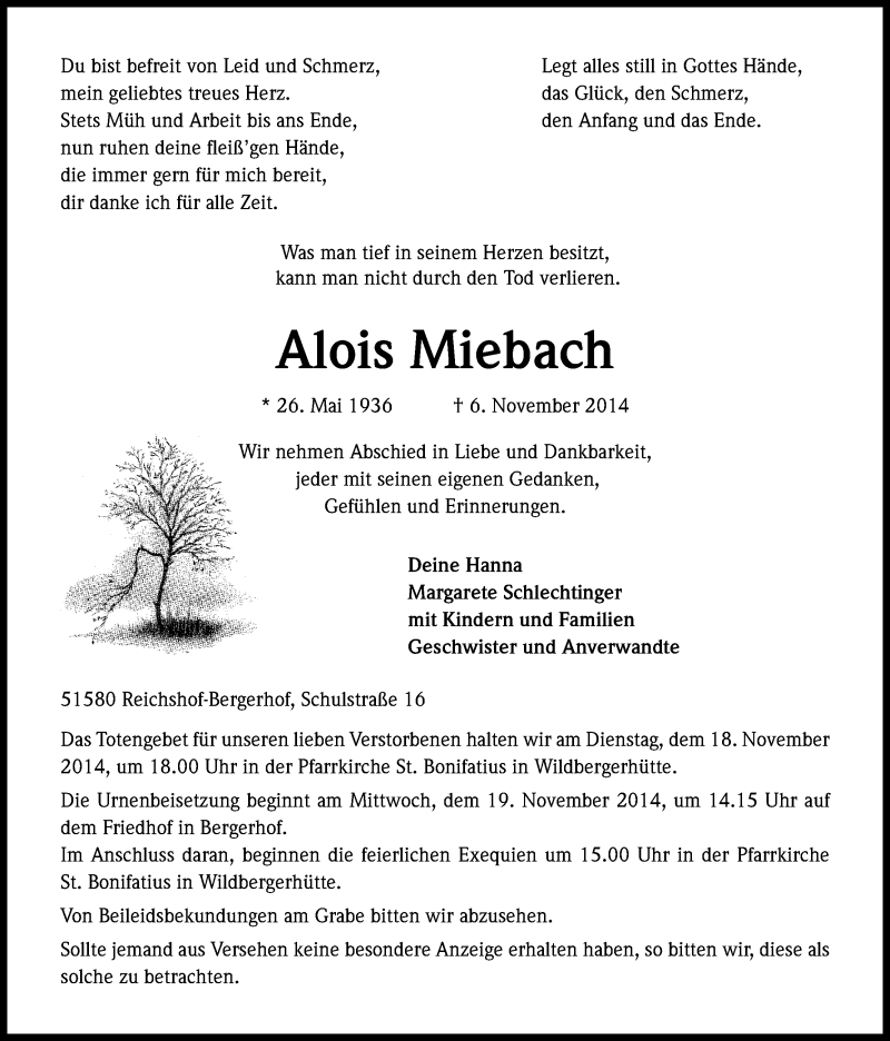 Traueranzeige für Alois Miebach vom 08.11.2014 aus Kölner Stadt-Anzeiger / Kölnische Rundschau / Express