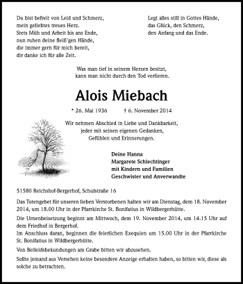 Anzeige von Alois Miebach von Kölner Stadt-Anzeiger / Kölnische Rundschau / Express