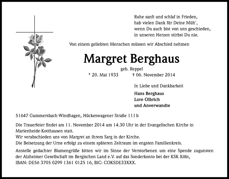  Traueranzeige für Margret Berghaus vom 08.11.2014 aus Kölner Stadt-Anzeiger / Kölnische Rundschau / Express