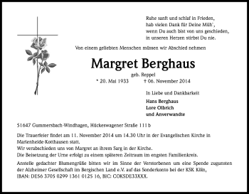 Anzeige von Margret Berghaus von Kölner Stadt-Anzeiger / Kölnische Rundschau / Express